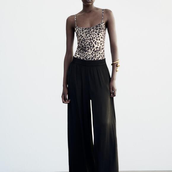 Zara Pants - SATIN EFFECT ELASTIC WAIST PANTS in Black